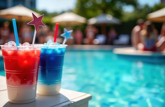 Festive layered drinks served by sparkling pool. Red white, blue beverages decorated with star shaped decorations. People enjoying pool party. Summer celebration. Enjoyable moment at holiday - Powered by Adobe