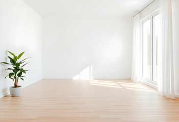 Obraz premium Minimalist interior, empty white room, bright natural light, large windows, hardwood floors, potted plant, sunny atmosphere, airy space, clean lines, Scandinavian design, open floor plan, shadow patte