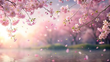 Soft pink sakura petals gently falling onto a serene landscape background, creating a sense of gentle warmth and tranquility, springtime, landscape
