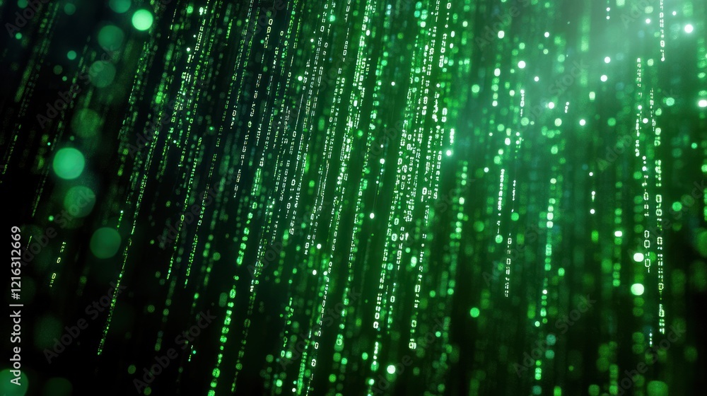 Poster holographic-style binary stream with 3d lighting effects.