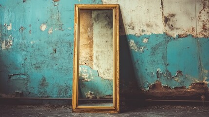 A large floor mirror with a single prominent crack, leaning against a grungy urban wall.