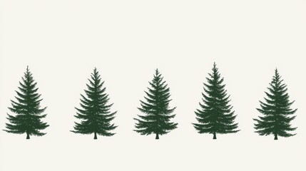 Obraz premium Five stylized evergreen trees in a horizontal row, minimalist design
