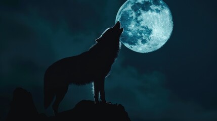 Wolf howling at night, full moon, clouds, rock