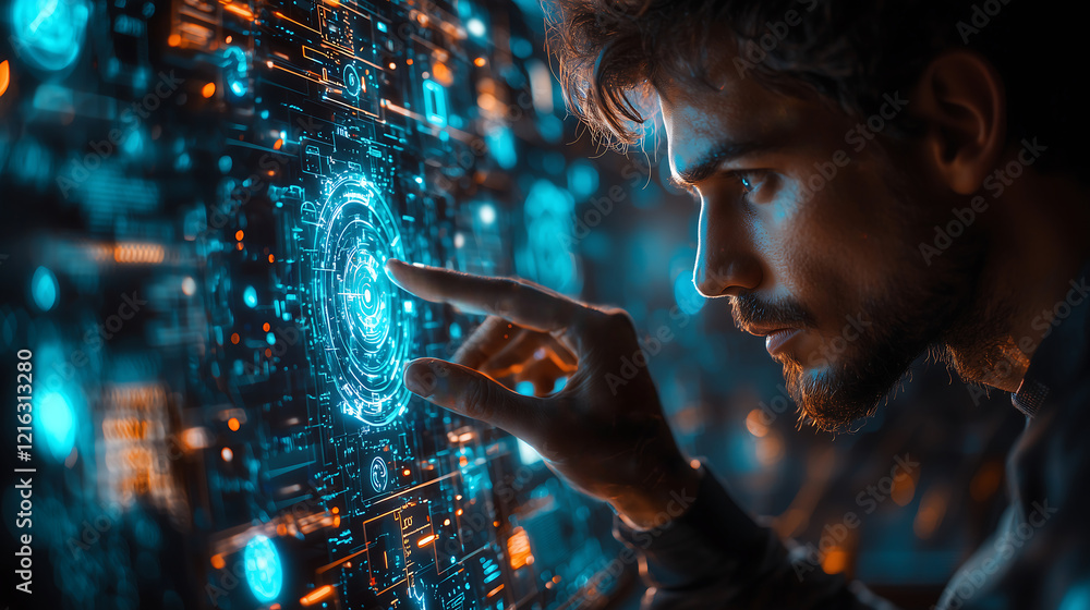 Poster futuristic interface man interacting with holographic data visualization
