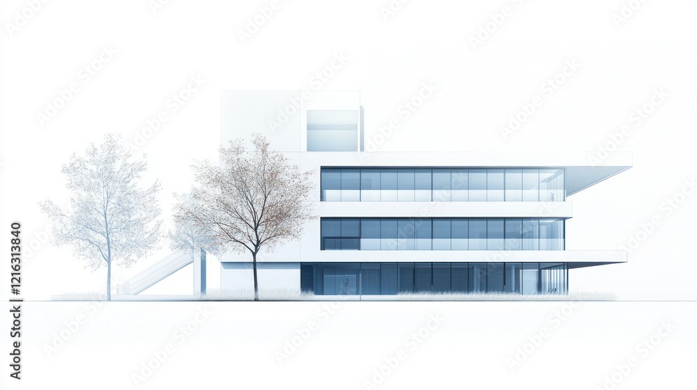 Aufkleber minimalist hospital architecture emphasizing clean lines and function on solid white background, sin