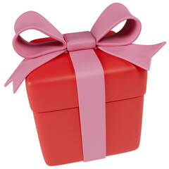 Stylized red gift box with pink ribbon. Isolated on transparent background