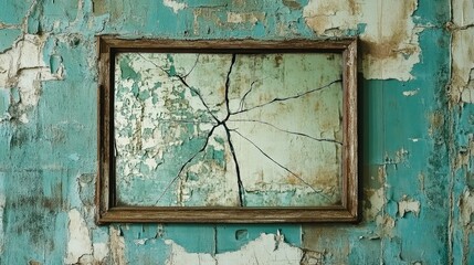 Naklejka premium A single crack running across a wall-mounted mirror, framed by a vintage wooden border.