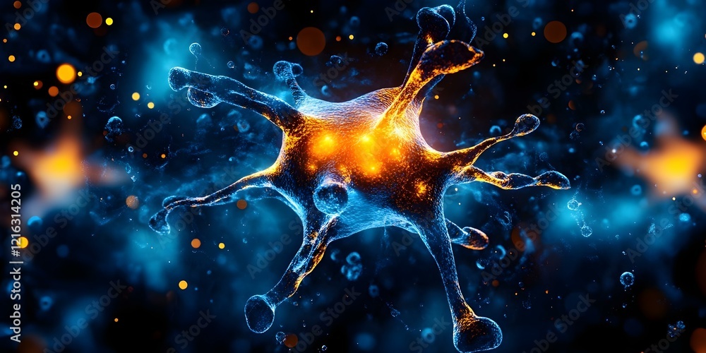 Poster a digital rendering of a neuron, showcasing neurons' structure with glowing elements and a cosmic ba