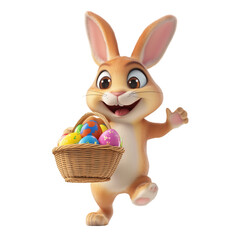 Excited Easter Bunny Running with Basket of Colorful Eggs, Isolated on White, Expressing Eager Springtime Celebration and Joyful Delivery Transparent Background