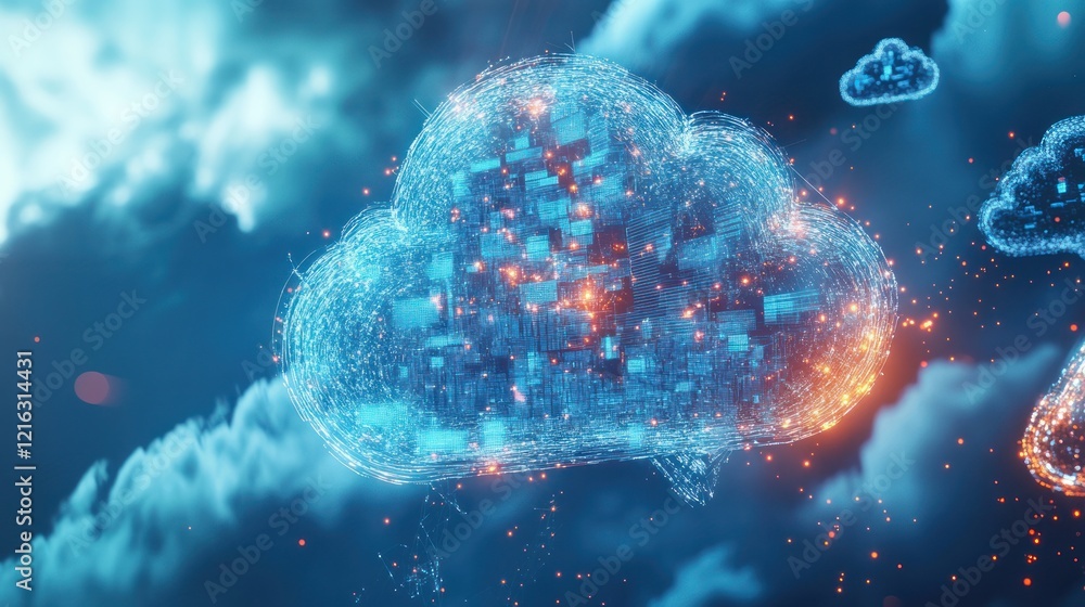 Poster digital clouds with data points and network connections over sky background