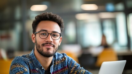 Obraz premium Confident Young Professional Focused on Work, Working on Laptop in a Modern Office Setting