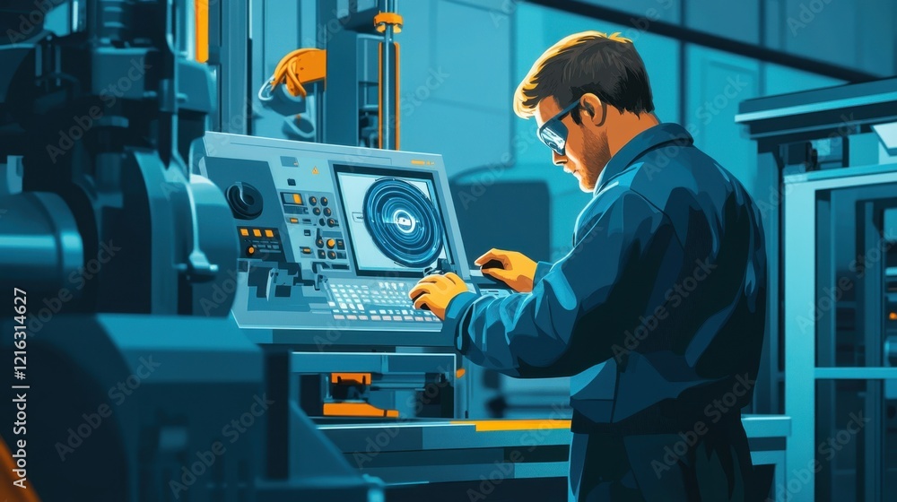 Poster a mechanic uses a diagnostic computer to troubleshoot issues on a factory machine.