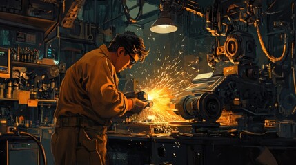 A mechanic uses a grinding tool on a metal component, with sparks flying in a workshop.