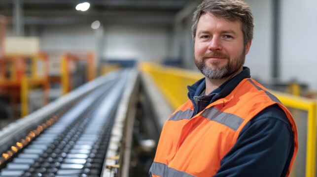 A mechanic performs routine maintenance on a conveyor belt system in a manufacturing plant