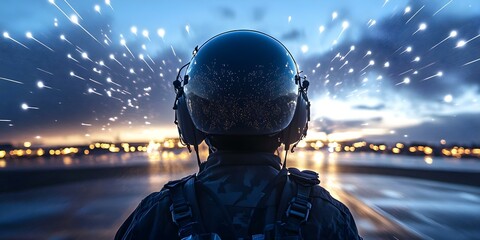 A soldier in a helmet stands facing a city skyline during dusk, with light effects suggesting motion or energy in the scene. Concept Soldier at Dusk, City Skyline, Motion Effects, Energy in Art