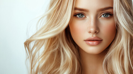 Naklejka premium Close up portrait of woman with long, wavy blonde hair and striking blue eyes, showcasing natural beauty and flawless skin, exuding confidence and elegance