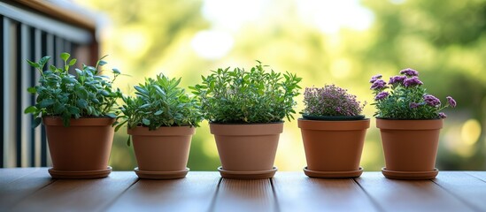 Fototapeta premium Five Terracotta Pots of Herbs and Flowers on a Deck