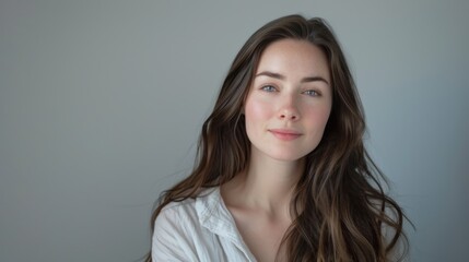 Fototapeta premium photograph of Beautiful woman with long brunette hair, on white background telephoto lens realistic daylight cool color
