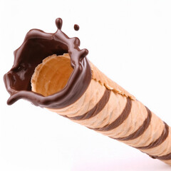 Crunchy wafer roll covered in chocolate on white background