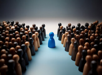 A single blue pawn stands out amidst a sea of brown and black pawns, creating a striking contrast and symbolizing individuality in a crowd.