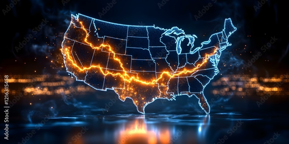 Poster a glowing map of the united states with bright lines highlighting certain regions, creating a dynami