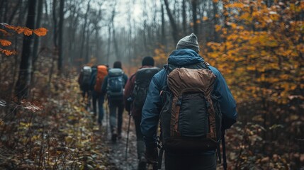 Naklejka premium Diverse group of friends hiking in nature, outdoor adventure, unity and exploration 