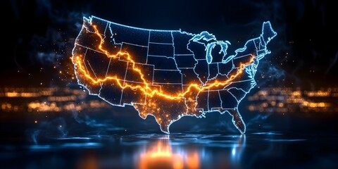 A glowing map of the United States with bright lines highlighting certain regions, creating a dynamic and futuristic appearance. Concept Glowing USA Map, Dynamic Region Highlights, Futuristic Design