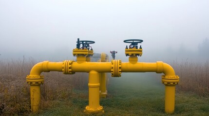 Industrial piping with integrated electrical systems, partially obscured by rising mist.
