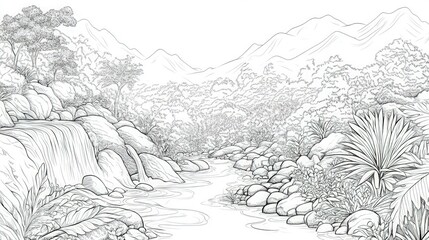 A detailed black outline drawing of a serene mountain landscape, featuring a narrow stream cascading over small rocks and winding through a dense forest. 