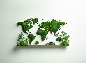 A lush green world map crafted from vegetation, showcasing a sustainable future with an electric car.  The image promotes environmental conservation and eco-friendly transportation.