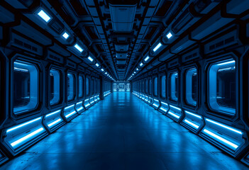 futuristic spaceship corridor, blue neon lighting, symmetrical perspective, long hallway, sci-fi interior, glowing floor panels, metallic walls, sleek design, high-tech, cinematic lighting, tron-like 