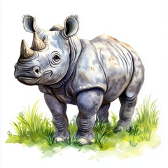 Obraz premium Illustration of the Indian Rhinoceros running towards through the jungle, soft watercolor tones, white background, detailed illustration, cartoonish.