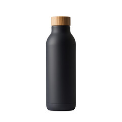 Matte Black Metal Water Bottle with Bamboo Lid, Isolated on White, Representing Sustainable Hydration and Minimalist Design Transparent Background