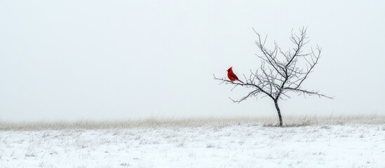 Cardinal on Snowy Tree, Winter Field