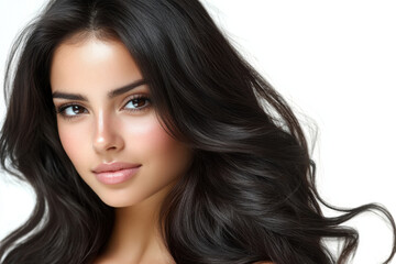 Naklejka premium happy girl with long wavy hair and radiant smile against white background, showcasing her natural beauty and glowing skin