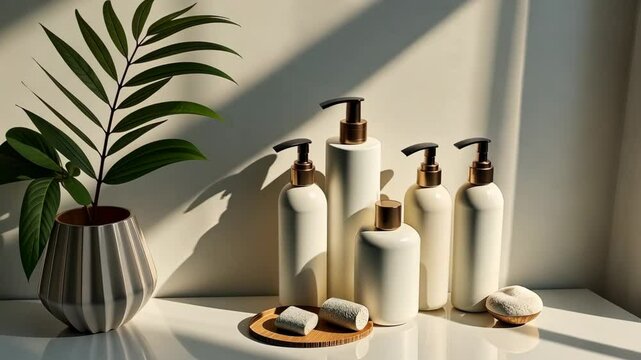A row of white bottles with a brown cap on a shelf. The bottles are lined up next to each other