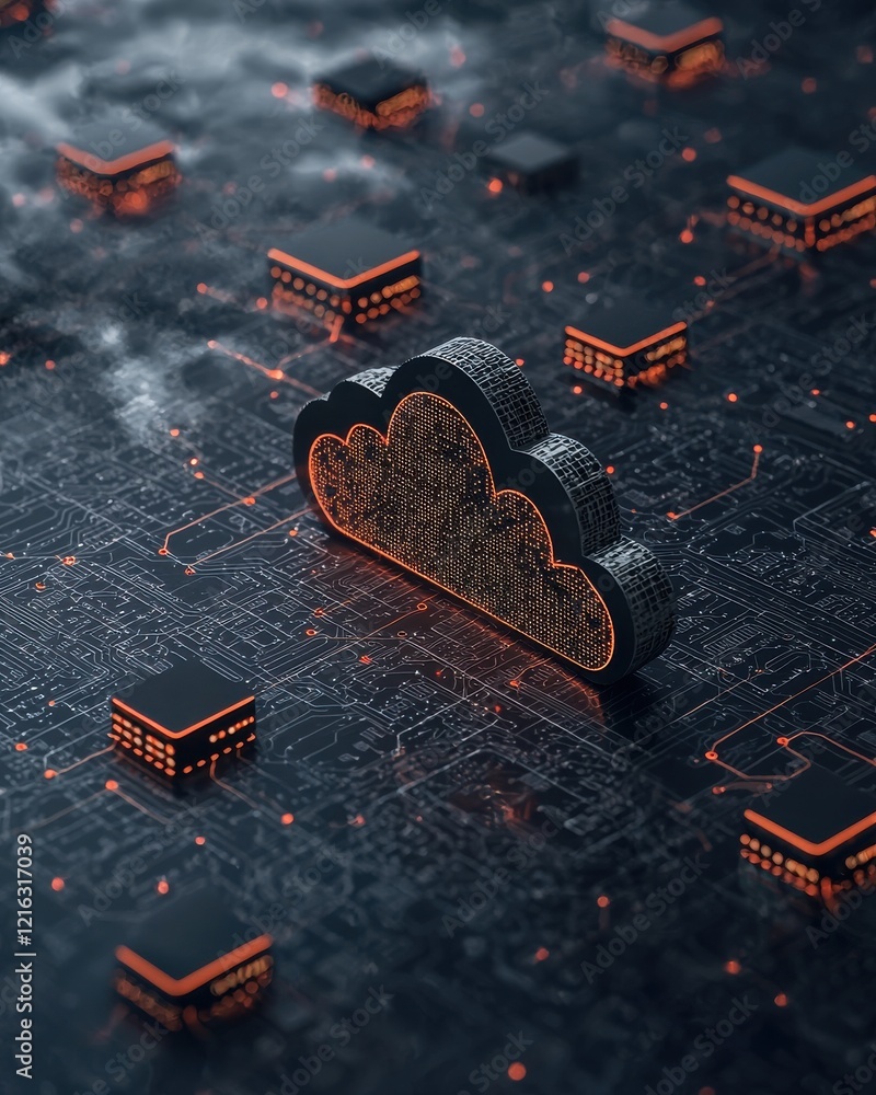 Poster a digital landscape featuring a prominent cloud icon amidst structures, symbolizing cloud computing 