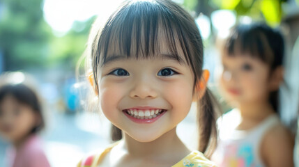 Happy children smiling in soft light, showcasing joy and innocence. close up shot captures bright eyes and cheerful expressions, creating warm and inviting atmosphere