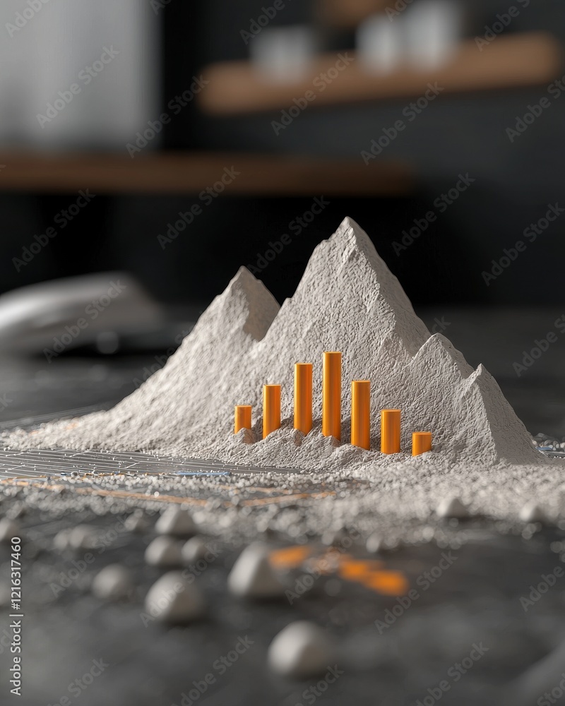 Poster a creative representation of mountains made from flour, showcasing rising bar graphs to symbolize gr