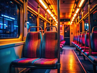 Fototapeta premium Empty Bus Seat at Night, Soft Light, Solitude, Travel, Transportation
