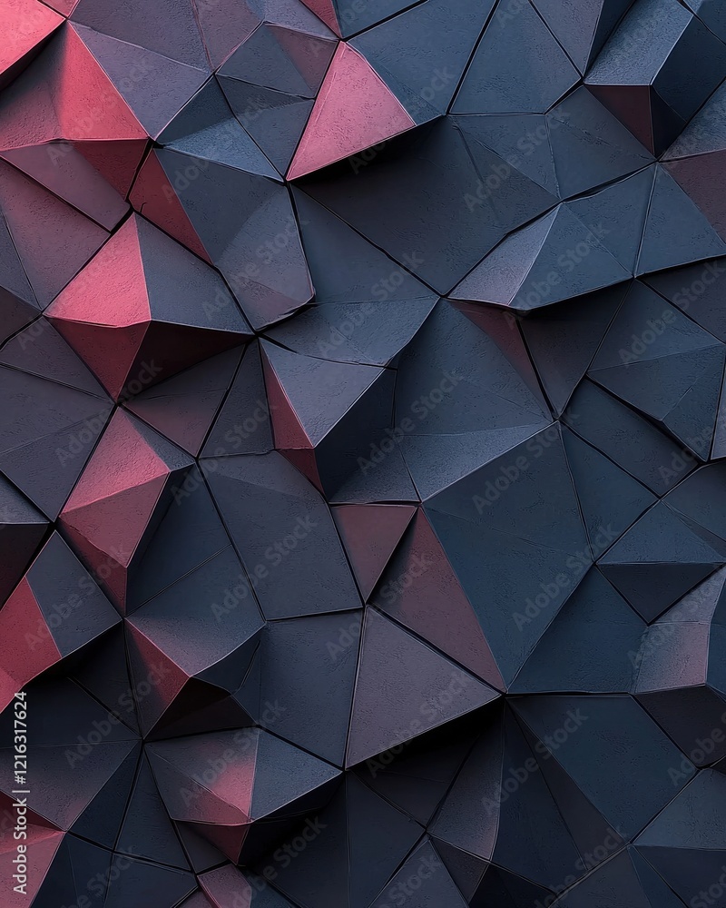 Poster a textured surface featuring angular, geometric shapes in varying shades of blue and red, creating a