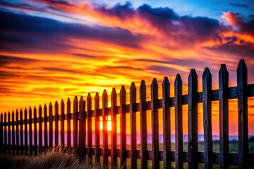 Obraz premium Isolated Rustic Wooden Fence Silhouette - Countryside Sunset Stock Photo
