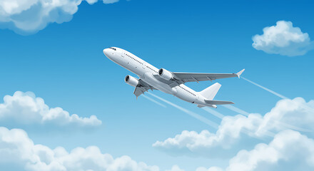 Obraz premium Plane flies in blue sky above clouds, leaving trail behind it. Illustration, vector template for webpage header 