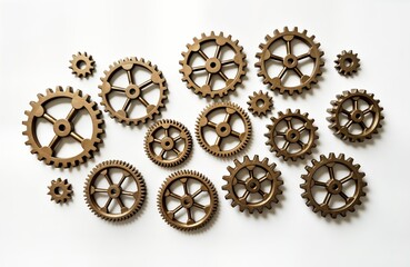 Golden cogs, gears arranged on white backdrop. Complex mechanical elements create vintage aesthetic. Possible use in industrial design concepts retro themes. Perfect for tech-related websites design