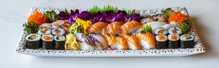 A vibrant sushi platter boasts an array of assorted fish presented on a minimalist white table. The garnishes and colors create an appealing aesthetic perfect for any meal