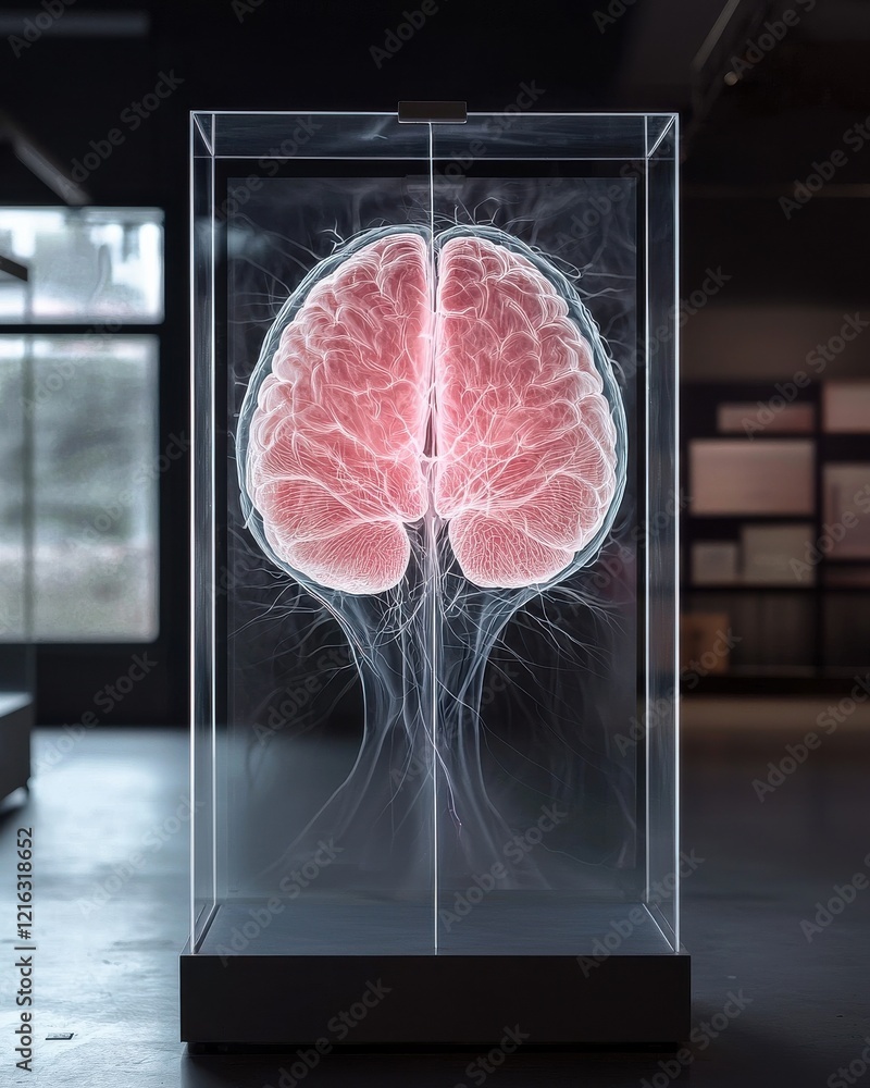 Poster a translucent brain model is displayed in a glass case, showcasing intricate neural pathways against