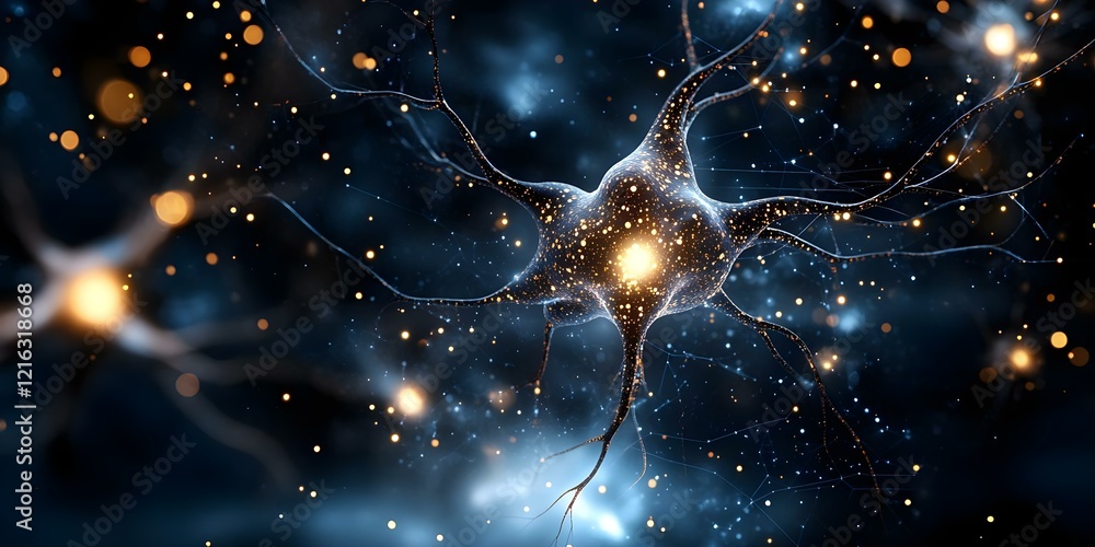 Poster a close-up view of a neuron, highlighting its structure with glowing connections and a dark, abstrac