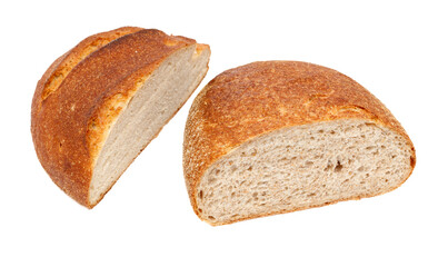 Two slices of bread are cut in half, revealing the crusty interior