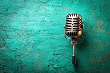 Retro Microphone Turquoise Wall Background - Vintage Studio Aesthetic Stock Photo