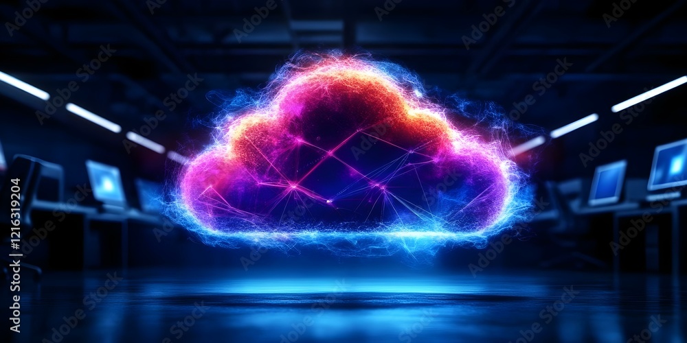 Poster a glowing, colorful cloud symbol representing cloud computing, set in a modern digital environment w